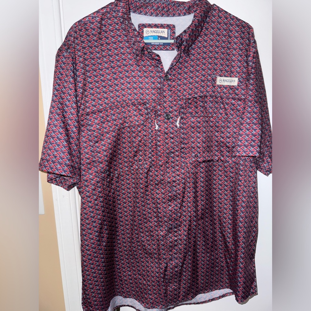 Magellan Outdoors Men's Red and Blue Patterned Shirt